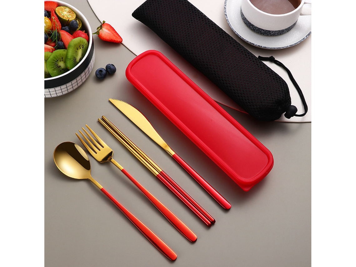 Conjunto de Talheres Portátil em Aço Inoxidável 304 , Incluindo Faca, Garfo, Colher e Estojo para Armazenamento. MDUG (vermelho e Dourado)
