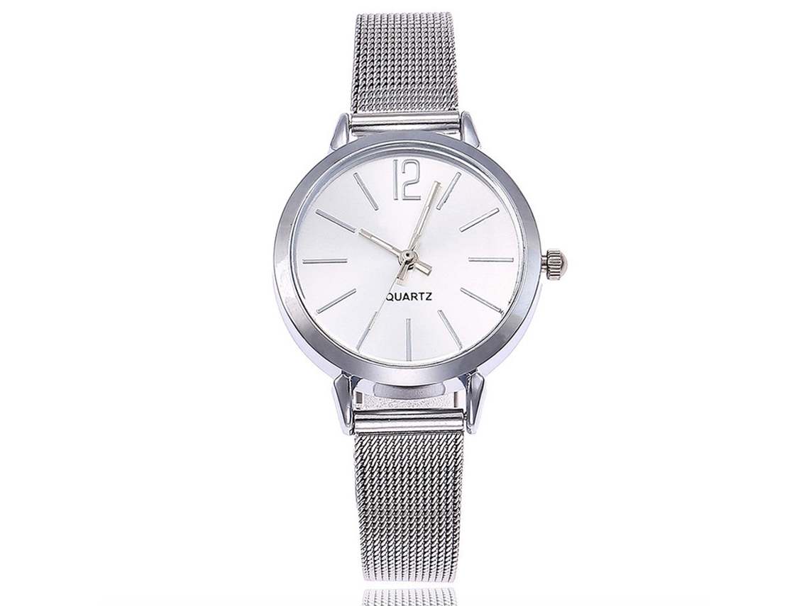 Relógio de Pulso de Quartzo com Pulseira de Malha Design Minimalista e Elegante para Lazer (prata Branco)