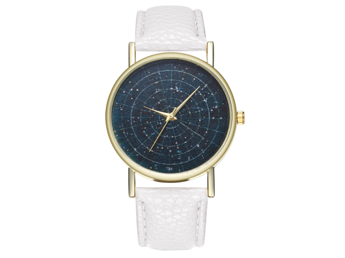 Reloj Hombre Dial Cielo Estrellado Cuarzo Correa De Cuero Blanco