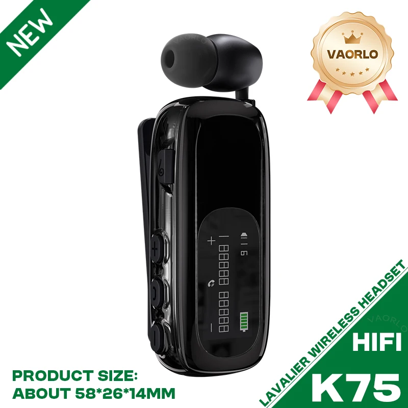 Fone de Ouvido Bluetooth de Lapela com Alerta de Vibração para Chamadas/música Recebidas. MDUG (k75 Preto)