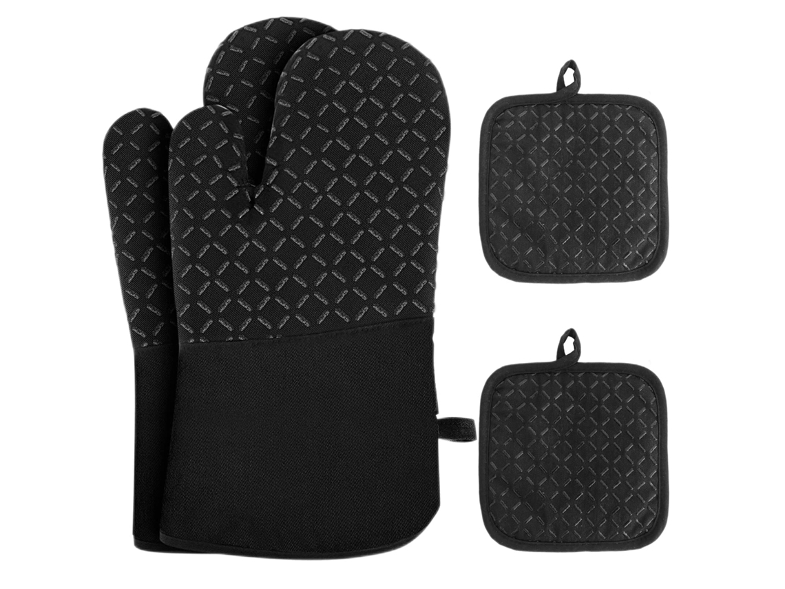 Conjunto 4 Peças: Luvas e Estejas Térmicas Até 500°c, Algodão Reciclado, Silicone Antiderrapante, Preto.