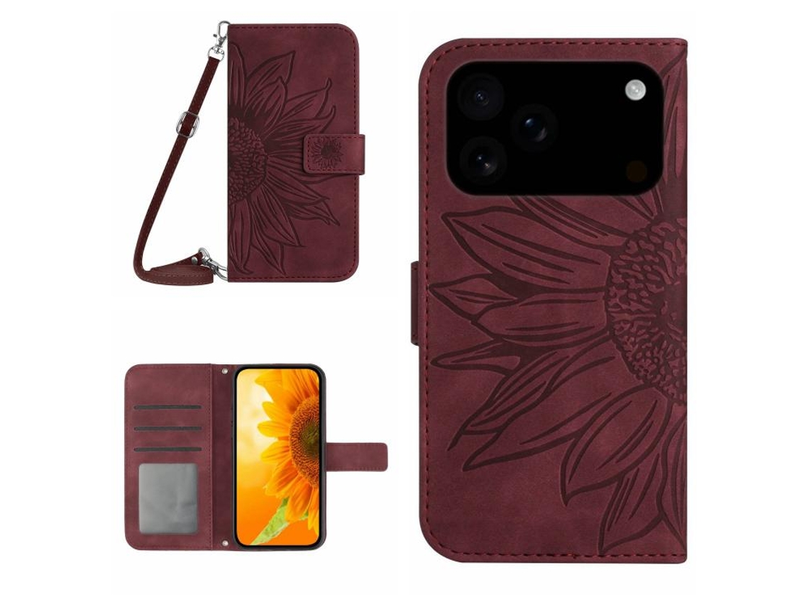 Capa De Couro Para Iphone 17 Pro Com Estampa De Girassol E Cordão.