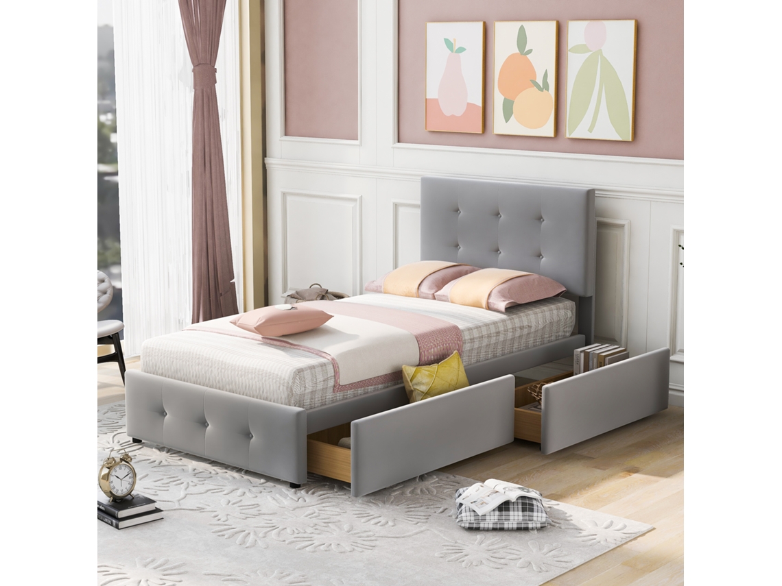 Cama Polster 90x200cm Prateleira Encosto Ajustável 2 Gavetas Cinza Samit