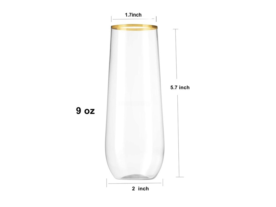 Taças de Champanhe Descartáveis de Plástico Transparente para Festas.270ml ll270 Pet Transparente com Borda Dourada YUNZII