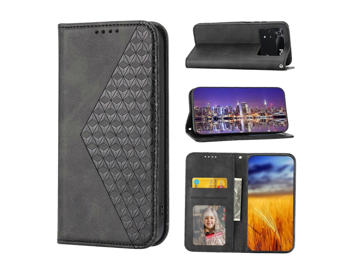 Capa De Couro Com Fecho Magnético E Textura De Grade Cúbica Para Xiaomi Poco M4 Pro 4g Global