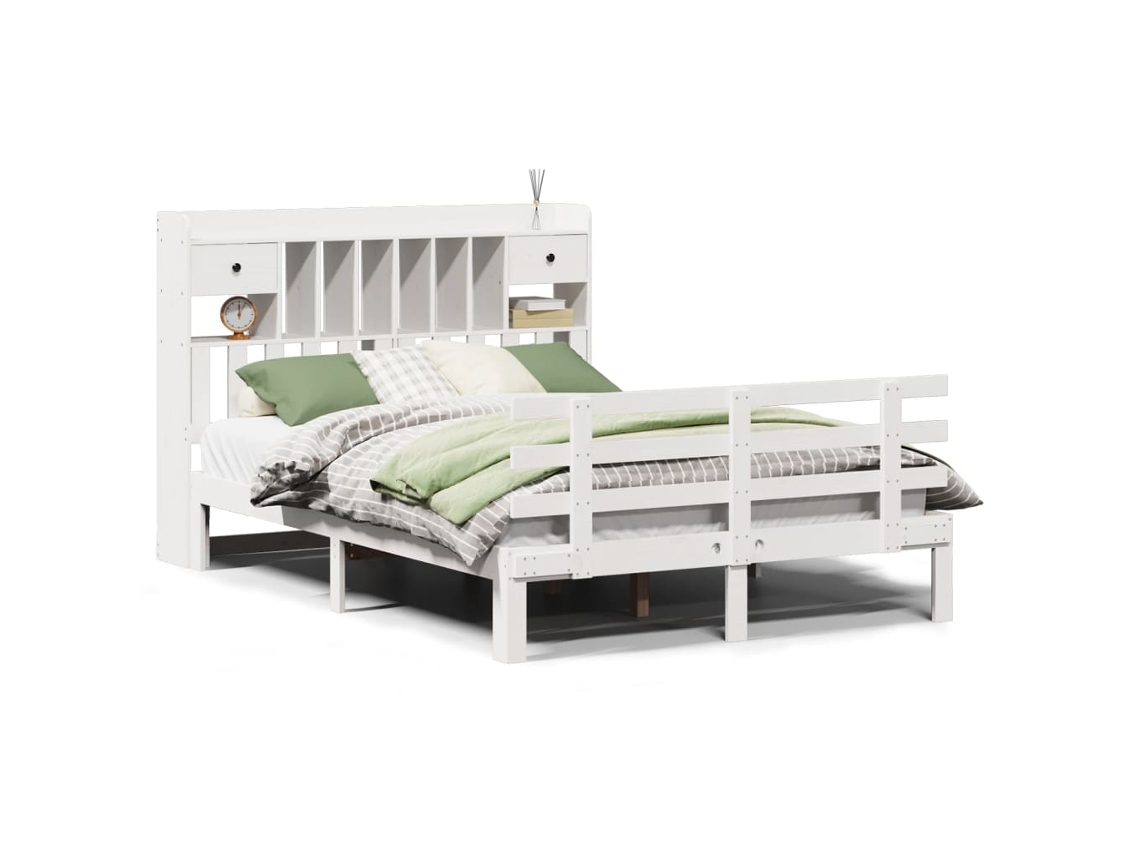 Cama com Estante Pinho Maciço Branco MAISON EXCLUSIVE (160x200 cm)
