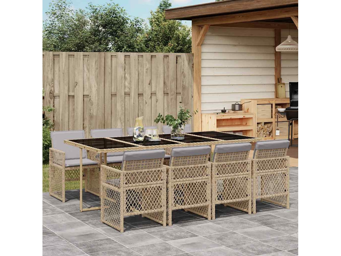 Vidaxl 9 Pcs Conjunto de Jantar P/ Jardim com Almofadões Vime Pe Bege