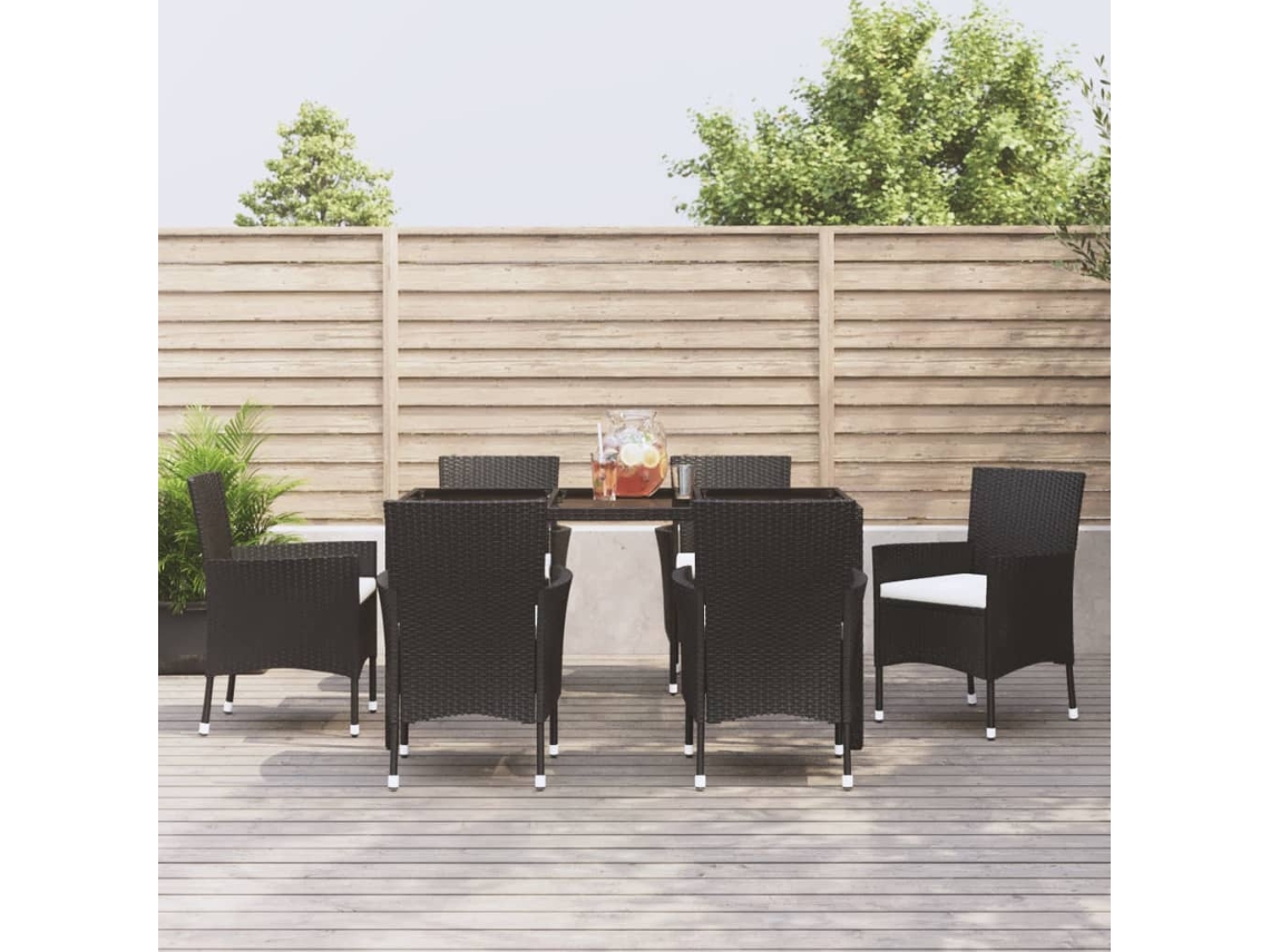 Vidaxl 7 Pcs Conjunto De Jantar P/ Jardim C/ Almofadões Vime Pe Preto