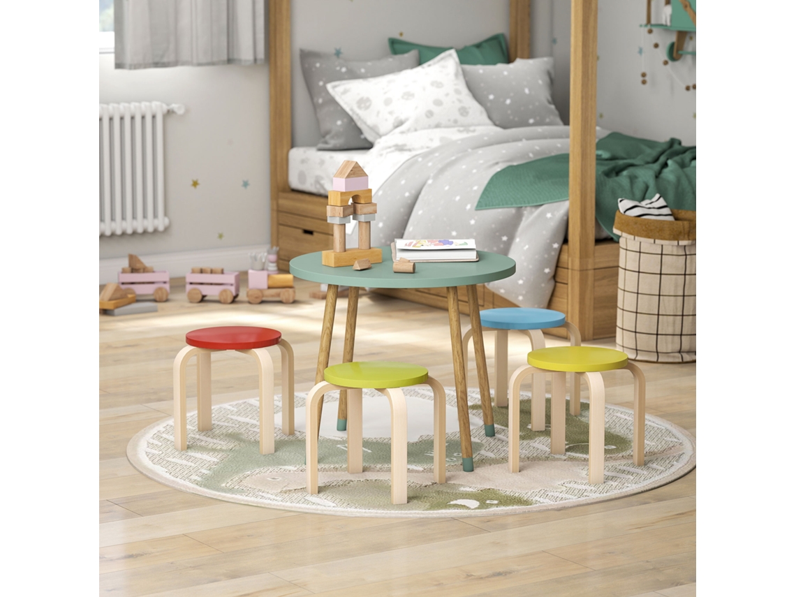 Conjunto De 4 Banquinhos Empilháveis Com Almofadas De Feltro, Compensado De Bétula Lacado, Cores Multicoloridas