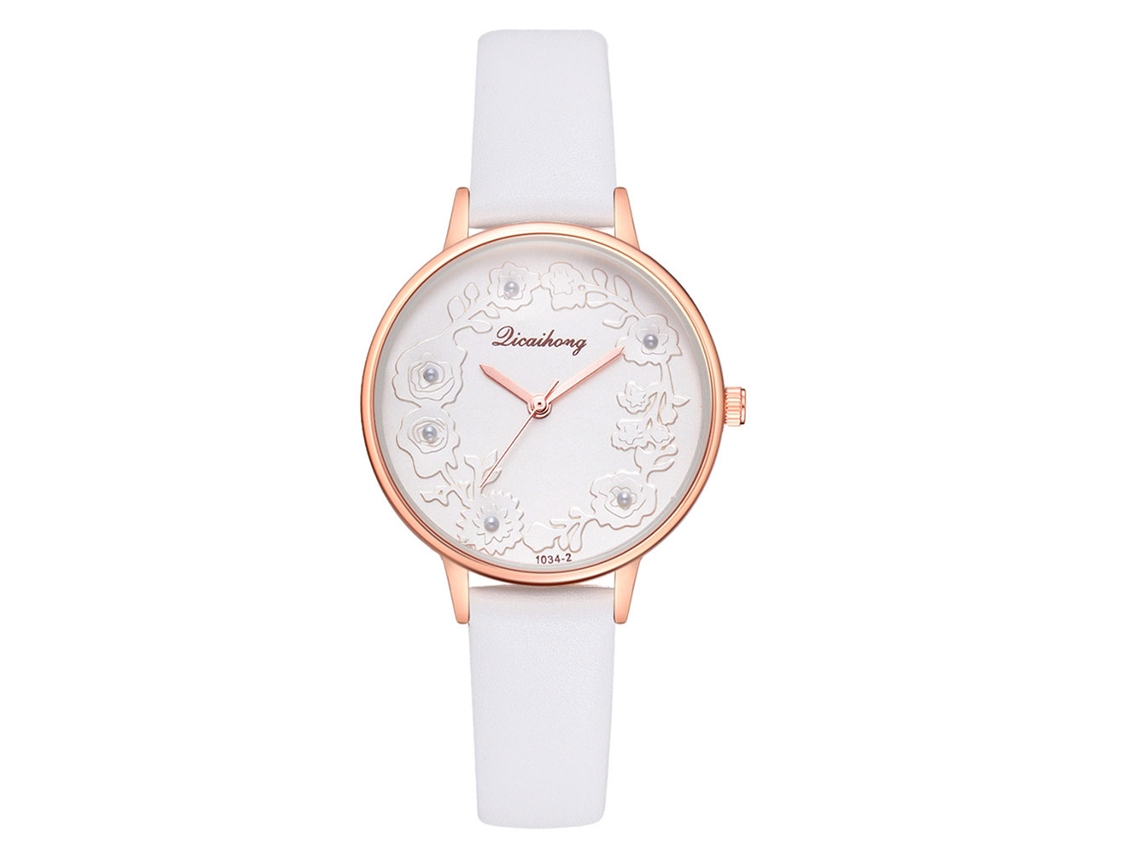 Relógio Feminino de Quartzo com Pulseira de Couro Pu e Padrão Floral Branco