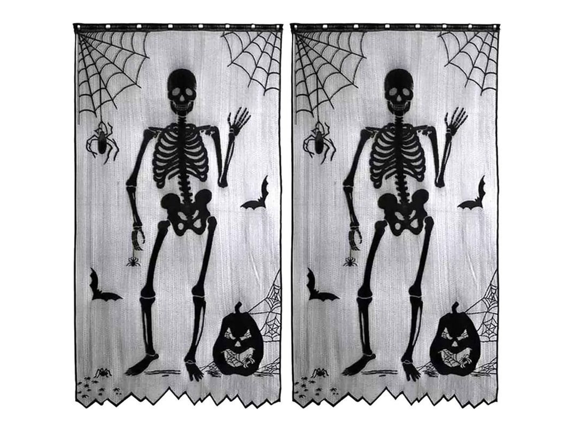 Conjunto de 2 cortinas de Halloween com detalhes vazados vermelhos, medindo 102x213cm, em poliéster, para decoração festiva.