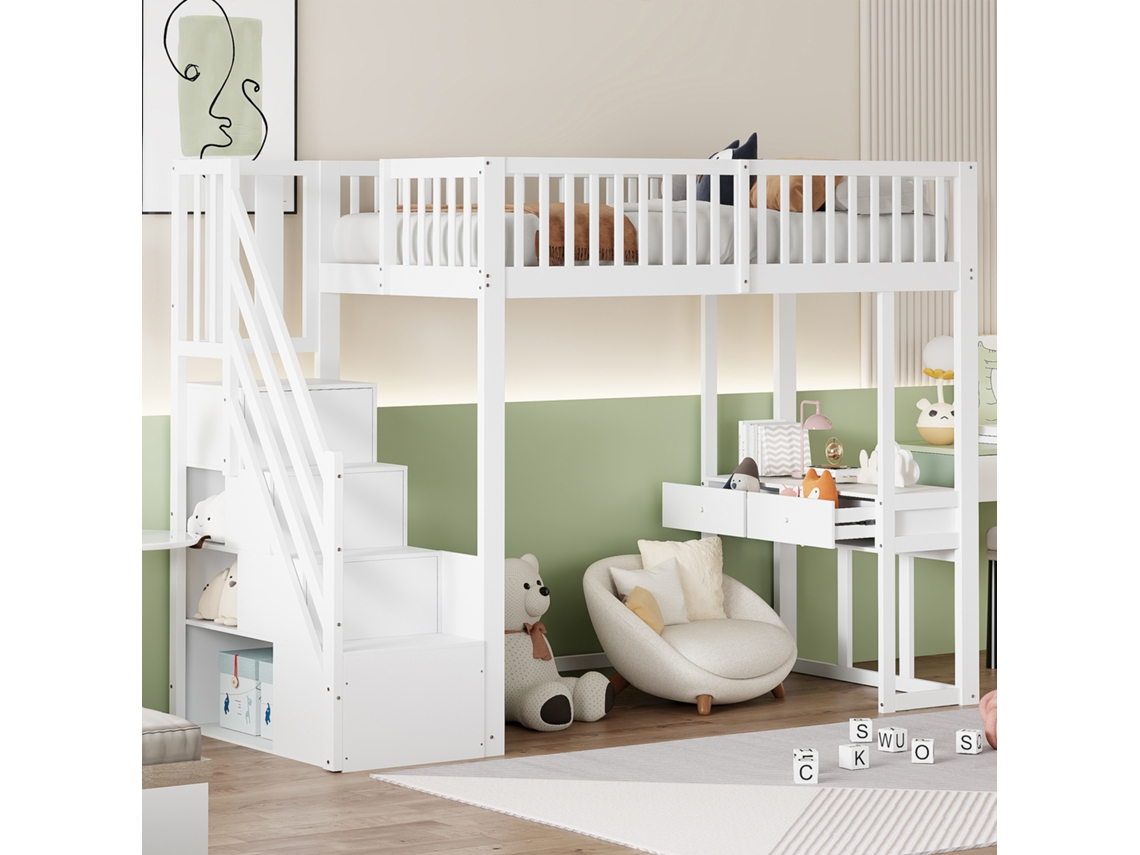 Cama Alta 90x200 Madeira Pinho Com Escada Armazenamento E Mesa