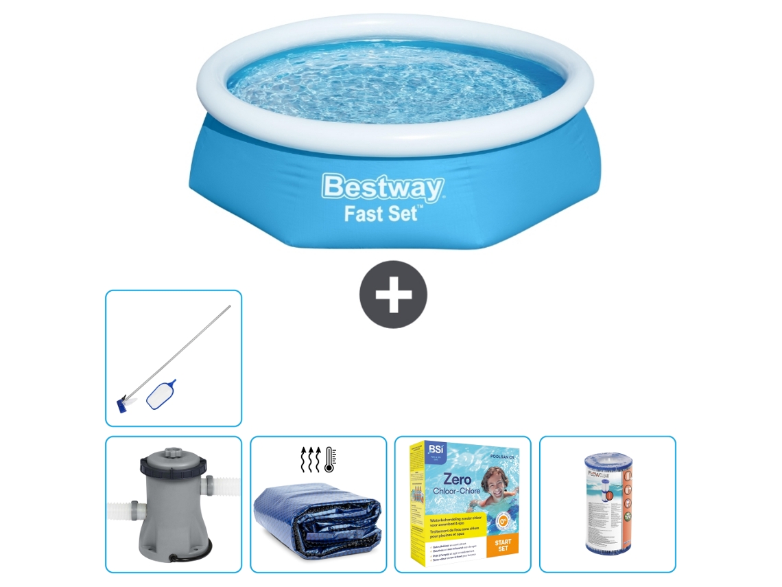 Piscina Inflável Redonda BESTWAY Fast Set 244 X 61 Cm Azul Inclui Bomba Vela Solar Pacote de Manutenção Filtro Kit de Limpeza
