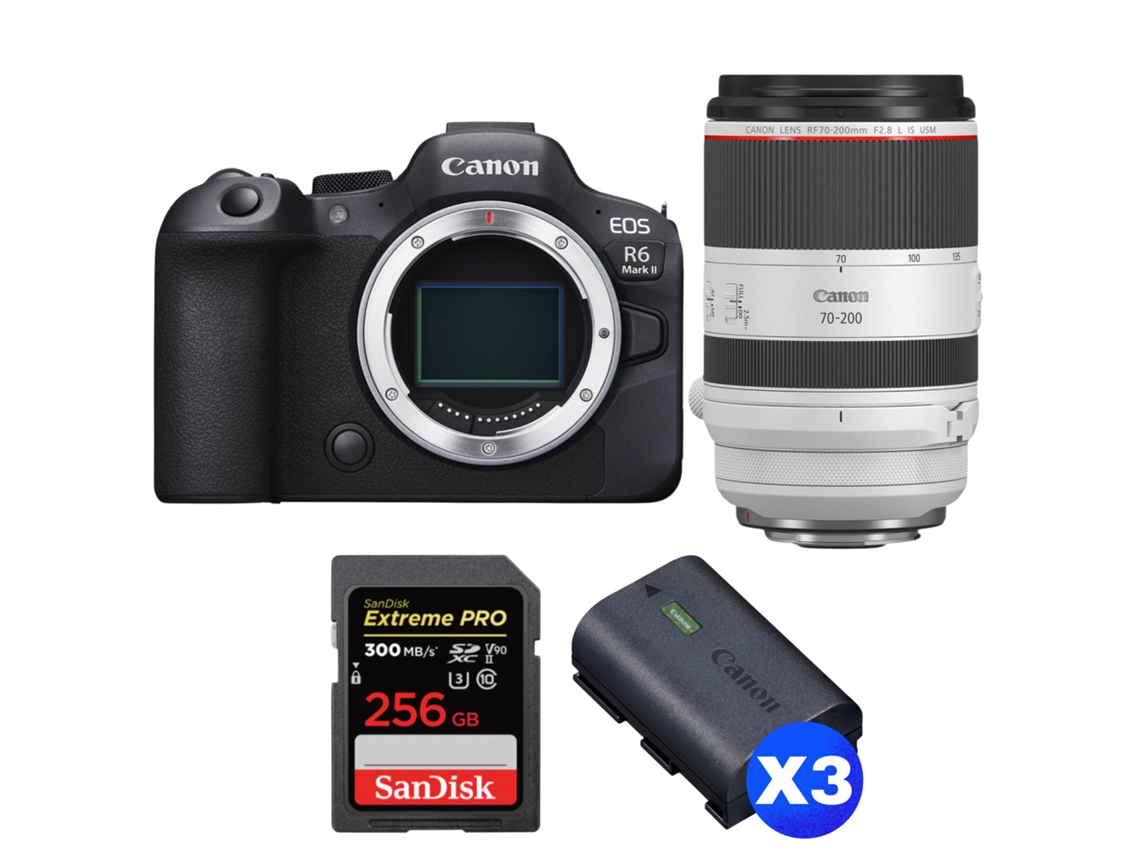 Eos R6 Mark Ii + Rf 70 200mm F/2.8 L Is Usm + 1 Sandisk 256gb Uhs ii 300mb/s + 3 Canon Lp e6nh + Ebook “20 Dicas para Fotos Que Impressionam” CANON
