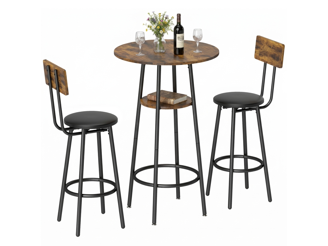 Conjunto De Mesa De Bar Industrial Com 2 Bancos Estofados, Apoios Para Os Pés, Estrutura Metálica, Mesa De Cozinha Com Prateleira, Castanho Rústico