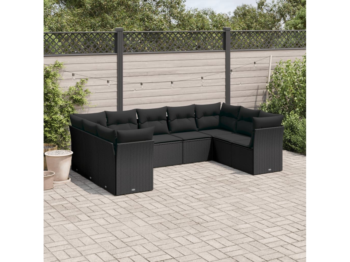 9 Pcs Conjunto De Sofás P/ Jardim C/ Almofadões Vime Pe Preto Dkd Home Decor
