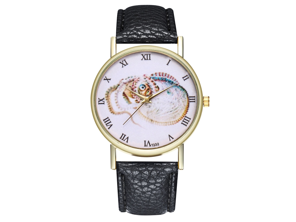Relógio de pulso vintage de quartzo para mulheres e homens com pulseira de couro PU, estampa animal preta.