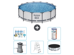 Piscina BESTWAY Round Steel Pro Max 427 X 107 Cm Cinza Incluindo Bomba Escada Cobertura Pacote de Manutenção Filtro