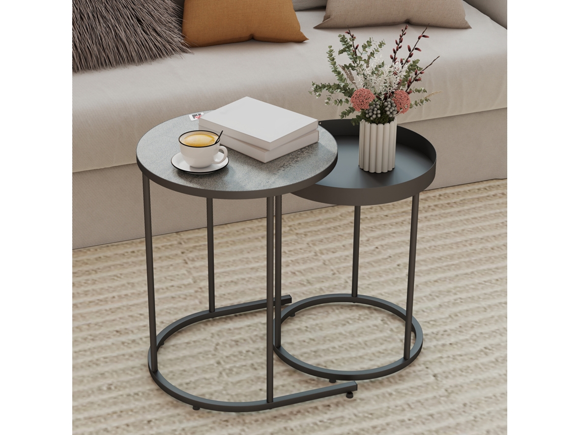 Conjunto De 2 Mesas De Centro Empilháveis Design Com Bandeja Metal Grau Mega Echo Trade Shop