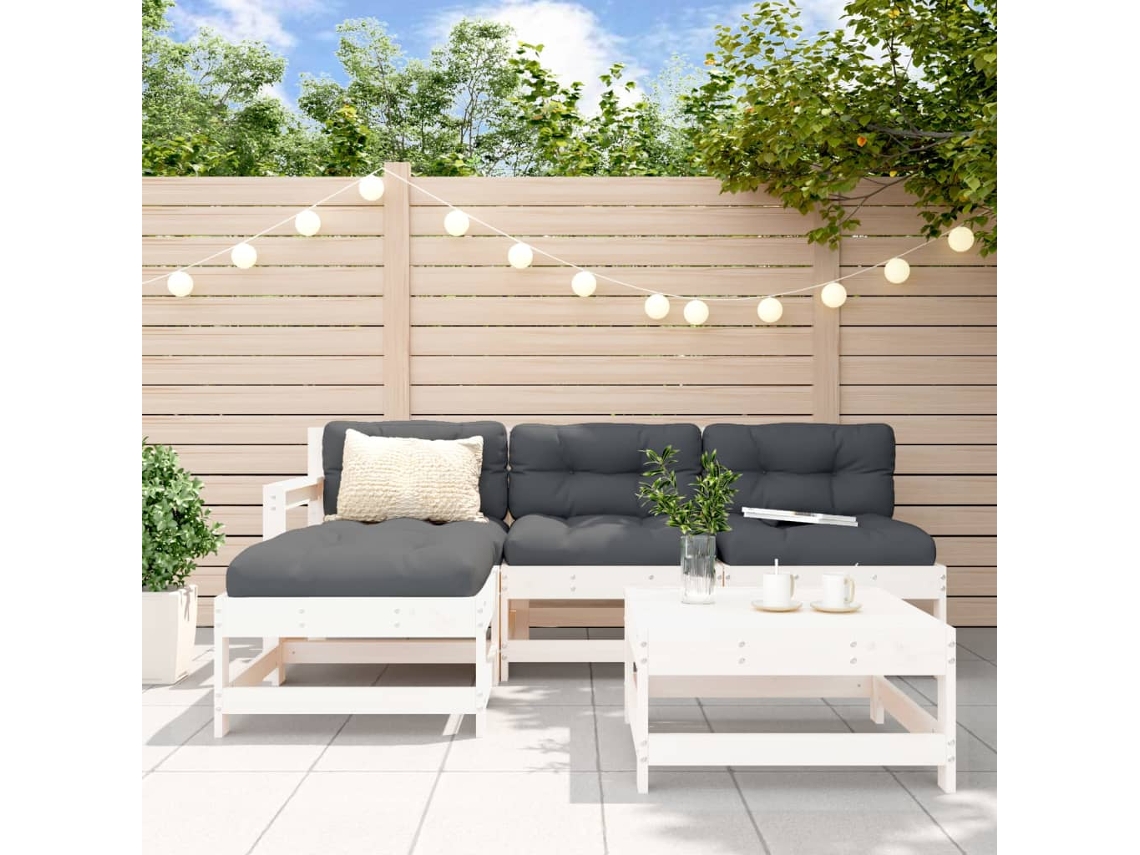 Vidaxl 5 Pcs Conjunto Lounge De Jardim Madeira De Pinho Maciça Branco