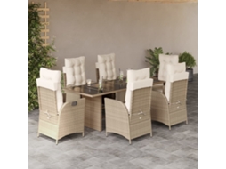 Vidaxl 7 Pcs Conjunto De Jantar P/ Jardim Com Almofadões Vime Pe Bege