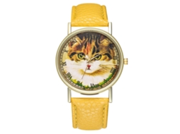 Reloj De Cuero Pu Para Mujer Con Patrón De Gato Dial Redondo Cuarzo Amarillo