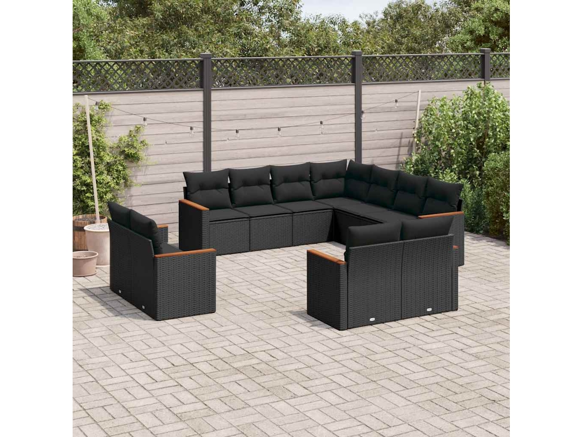 Vidaxl 11 Pcs Conjunto Sofás De Jardim C/ Almofadões Vime Pe Preto