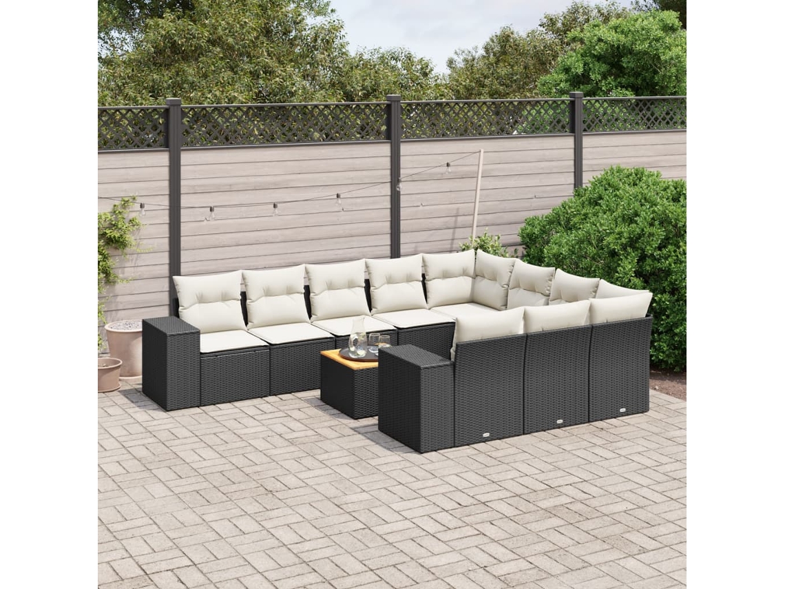 Vidaxl 11 Pcs Conjunto Sofás De Jardim C/ Almofadões Vime Pe Preto