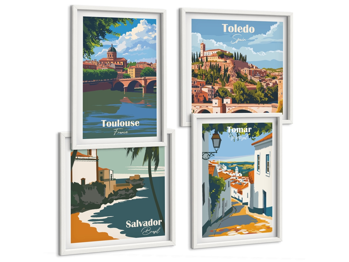 Composição De Quadros Paisagens De Cidades Europeias Espelharte (4 Peças)
