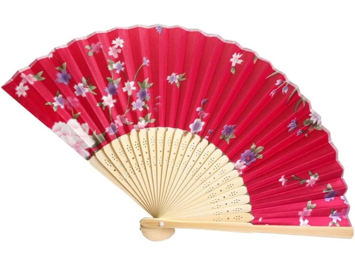 Leque de bambu dobrável tradicional chinês vintage feito à mão com flores, ideal para dançarinas chinesas. Presente perfeito para quem busca um presente de bolso.