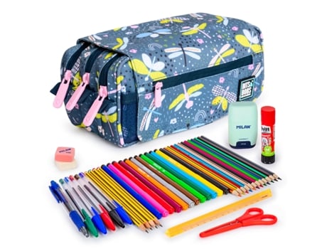 Estojo triplo com 3 zíperes e material escolar incluso. Dragon Fly Colepack