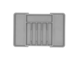 Organizador de gaveta expansível para talheres e utensílios de cozinha, bandeja cinza.
