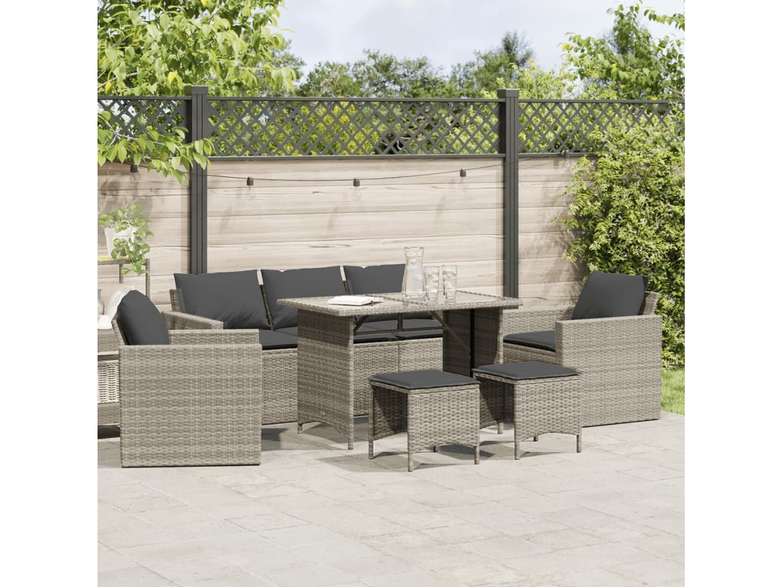Vidaxl 6 Pcs Conj. Sofás Jardim Com Almofadões Vime Pe Cinzento-claro