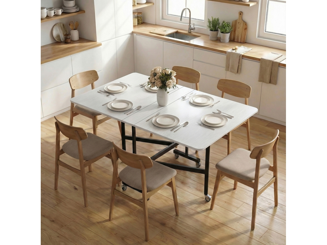 Mobile Folding Table With 6 Wheels And Brakes, Foldable Kitchen Dining Table For Small Spaces, White