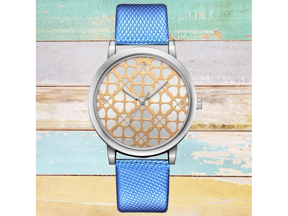 Relógio de Pulso Feminino de Quartzo com Cinta de Pu e Mostrador Redondo Azul