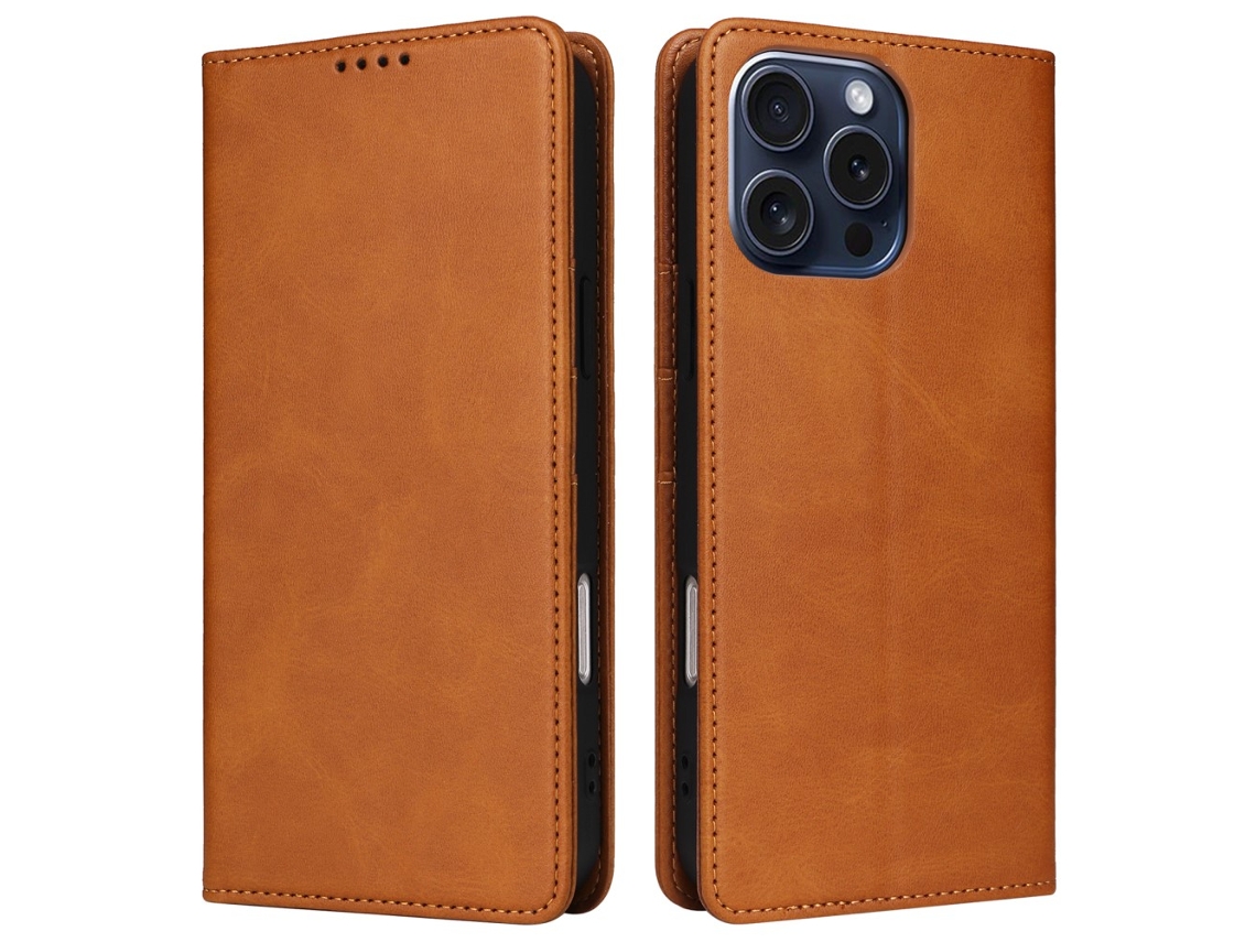Capa Bloqueio Rfid Para Iphone 15 Pro Pele Sintética Magnética Castanho