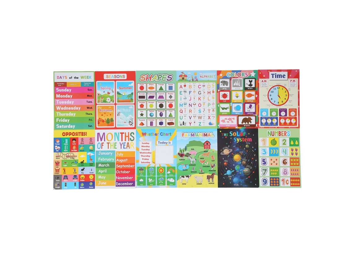 12 Cartazes Educativos para Crianças Pequenas de Aprendizagem de Inglês Impermeáveis Material Didático Aula Primária Suprimentos Escolares