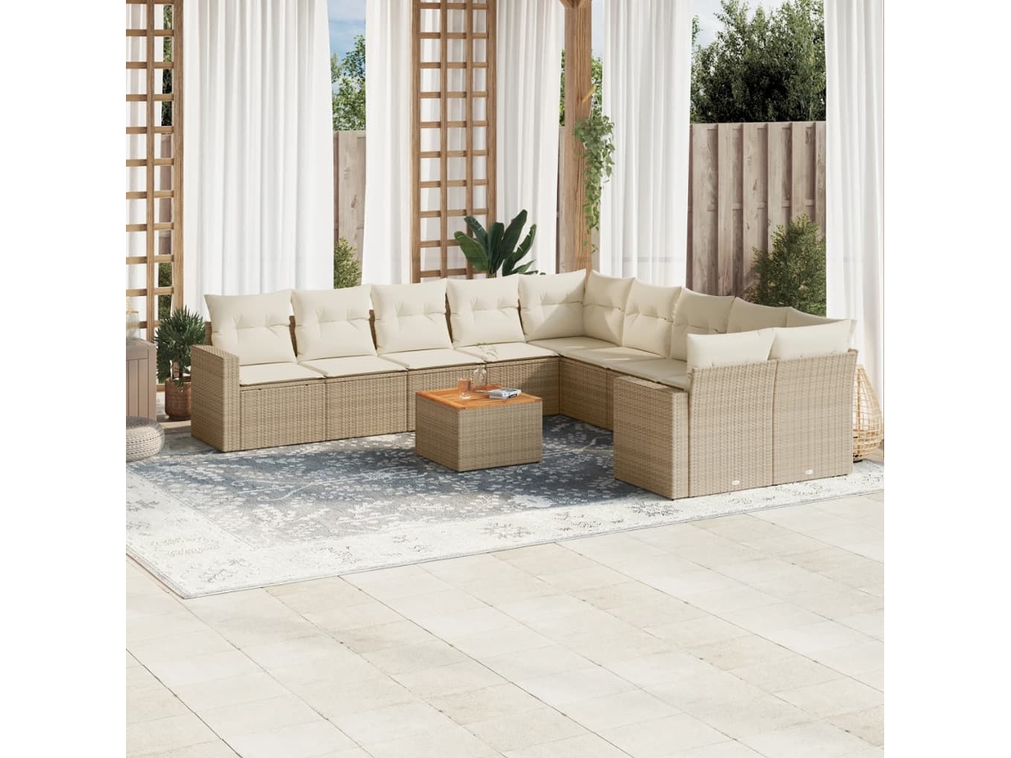 Vidaxl 11 Pcs Conjunto Sofás De Jardim C/ Almofadões Vime Pe Bege