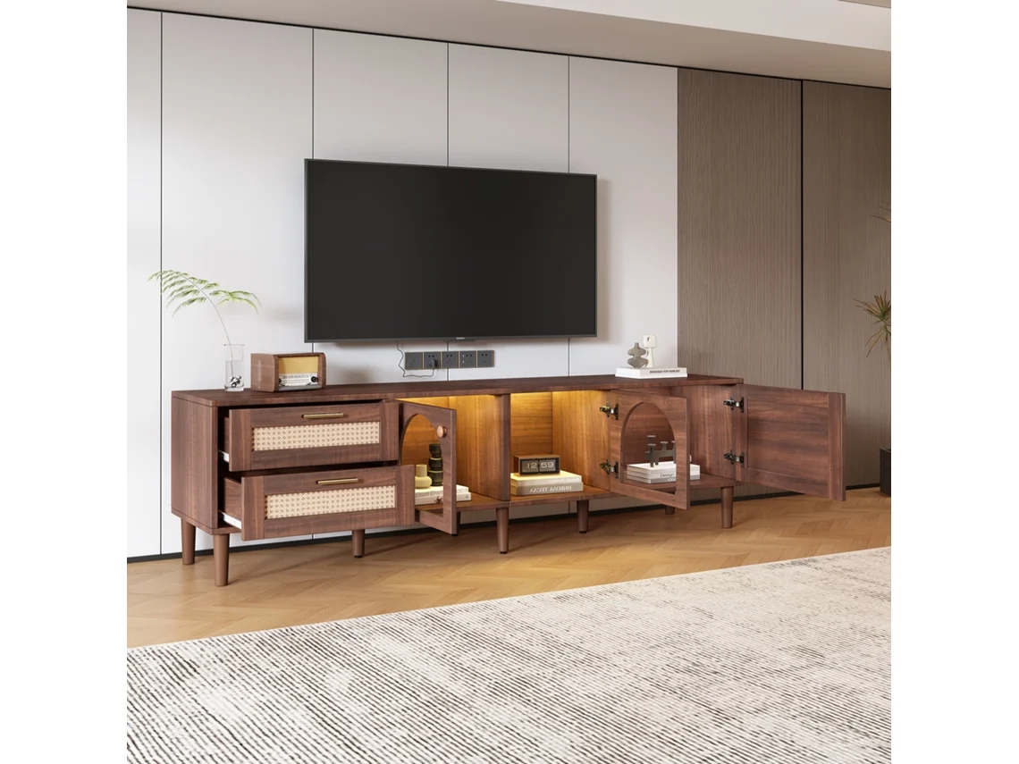 Armário Tv 180cm Marrom Para Tv 80 Polegadas, 2 Gavetas Rattan, 2 Portas Vidro Curvo, 1 Porta Rattan, Led, Armazenamento Estiloso.