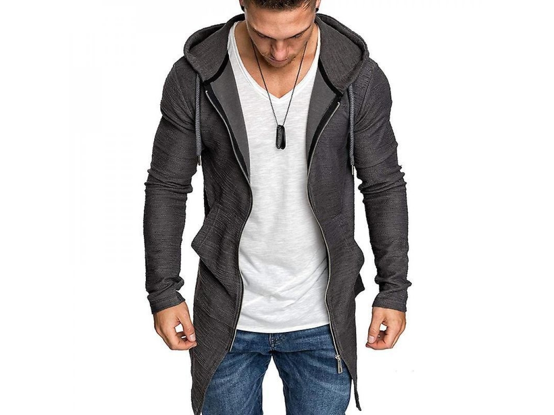2026-chaqueta Larga Para Hombre Con Capucha Cremallera Sudadera Outerwear Invierno Slim Algodón Mezcla M Gris