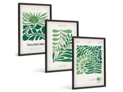 Conjunto De Pinturas Folhas Verdes, Plantas, Formas Moldura Preta Fotos Para O Escritório Espelharte (3 Piezas De 40x60 Cm)