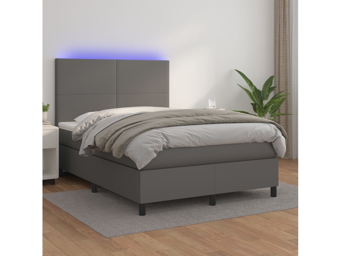 Vidaxl Cama Box Spring C/ Colchão/led 140x200cm Couro Artificial Cinza