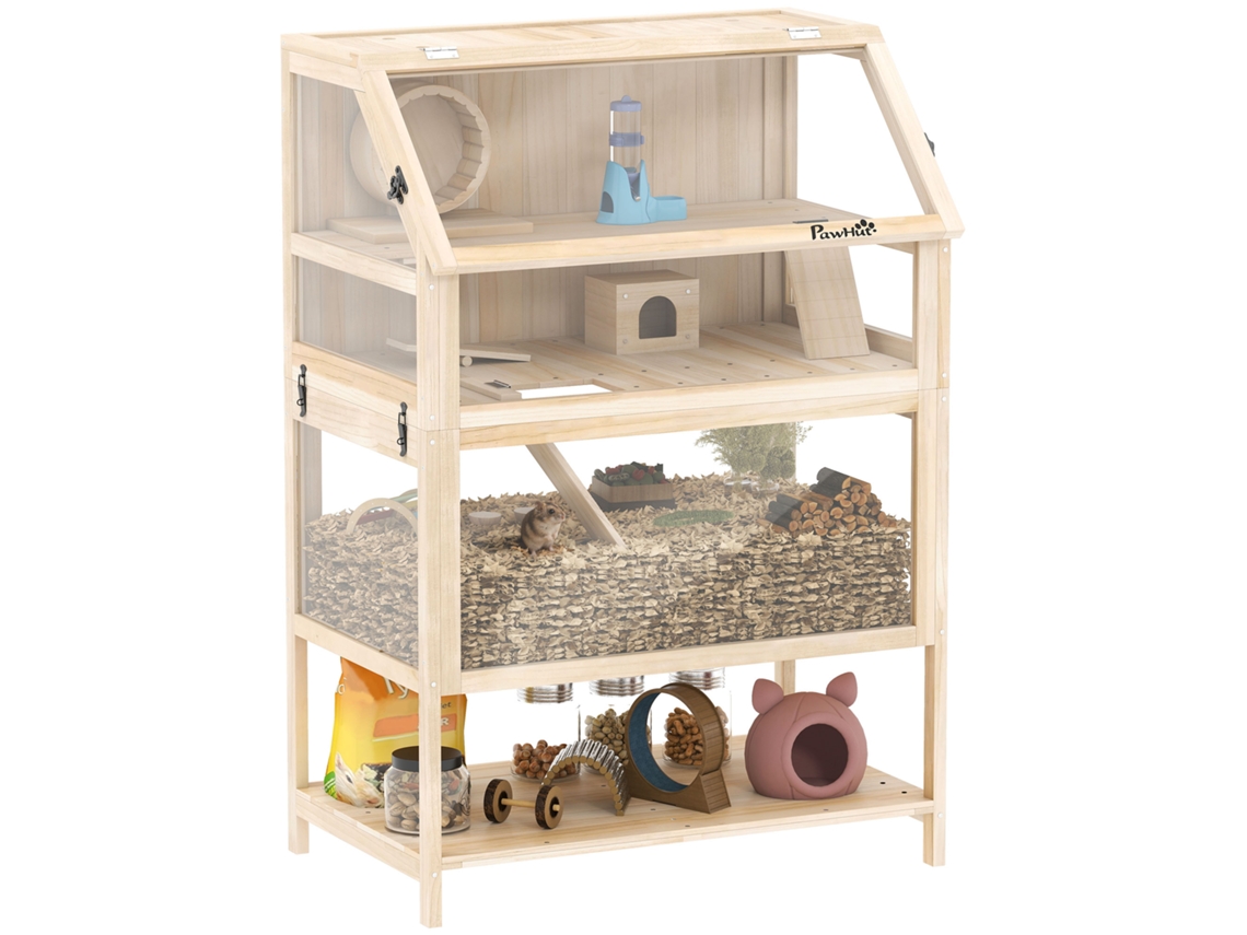 Gaiola para hamster 3 andares, painel de acrílico, roda de madeira, 80x53x117cm natural S/MARCA