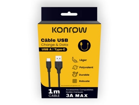Kcatcnb1 Câble Usb Type A Vers Type C 1m Nylon Noir Konrow (blister)