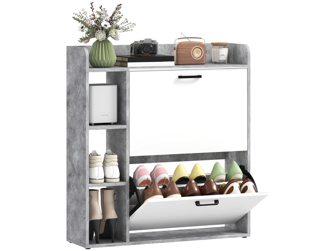 Sapateira para 15 Pares, Modelo Moderno com 2 Gavetas Dobráveis, 83x24x90,5cm, Branca e Cinzenta BAGOLY SHOP