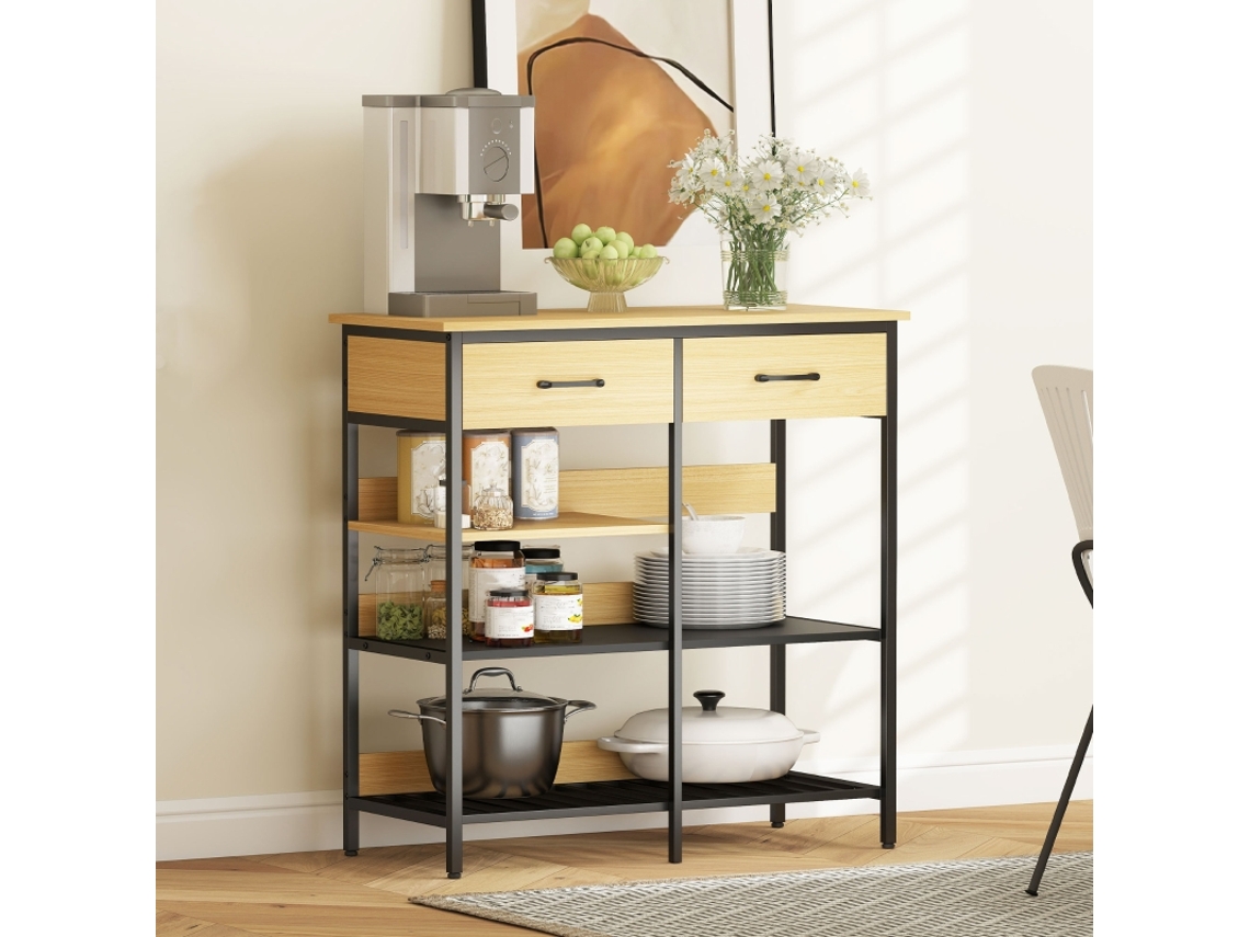 Aparador De Madeira Natural Com 2 Gavetas E 3 Prateleiras Abertas Para Cozinha E Sala De Estar 90x40x91cm Mega Echo Trade Shop