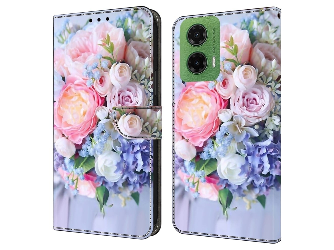 Capa Para Motorola Moto G35 5g Com Fecho Magnético, Estampa 3d Em Couro, Estilo Carteira, Flores Coloridas