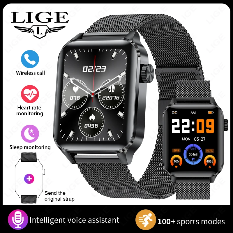 Smartwatch MDUG com Tela de 1,85 Polegadas, Chamadas Bluetooth, Saúde, Condicionamento Físico (preto, Pulseira de Malha)
