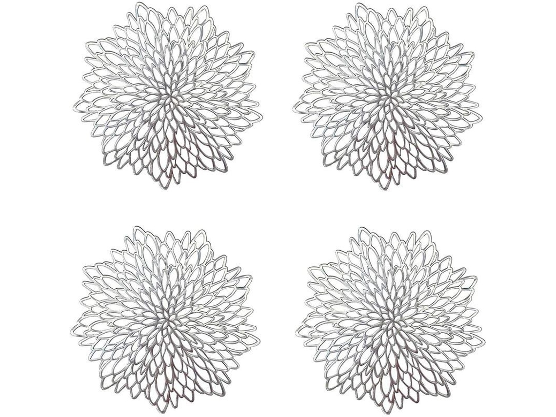 4 Manteles Redondos De Plata, Alfombrillas De Mesa Plástica Con Diseño Hueco, 38 Cm, Anti-deslizantes Y Aislantes Térmicos