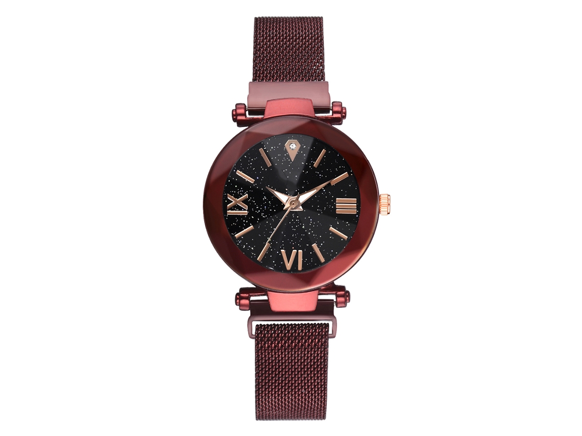 Relógio de Pulso Feminino de Quartzo com Mostrador Estrelado e Fivela Magnética Vermelho